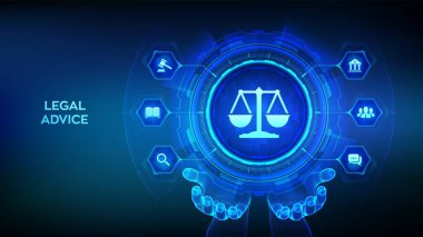 Çalışma hukuku, avukat, hukuk avukatı, sanal ekranda hukuki danışmanlık kavramı. İnternet ve siber hukuk dijital yasal hizmetler ya da online avukat tavsiyesi olarak. Kablo çerçevesinde kanun tabelası. Vektör illüstrasyonu