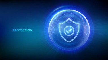Korunma. Sağlık hizmetleri. Sigortacılık. Siber güvenlik. Ağ güvenliği. Mavi arkaplanda altıgen desenli şeffaf kürenin içinde işaret simgesi olan koruma kalkanı. Vektör illüstrasyonu