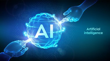 Al. Yapay Zeka. Robot ve İnsan 'ın elleri ikili kodla küreye dokunuyor. Yapay Zeka ve Makine Öğrenme Teknolojisi konsepti. Sinirsel ağlar. Vektör illüstrasyonu