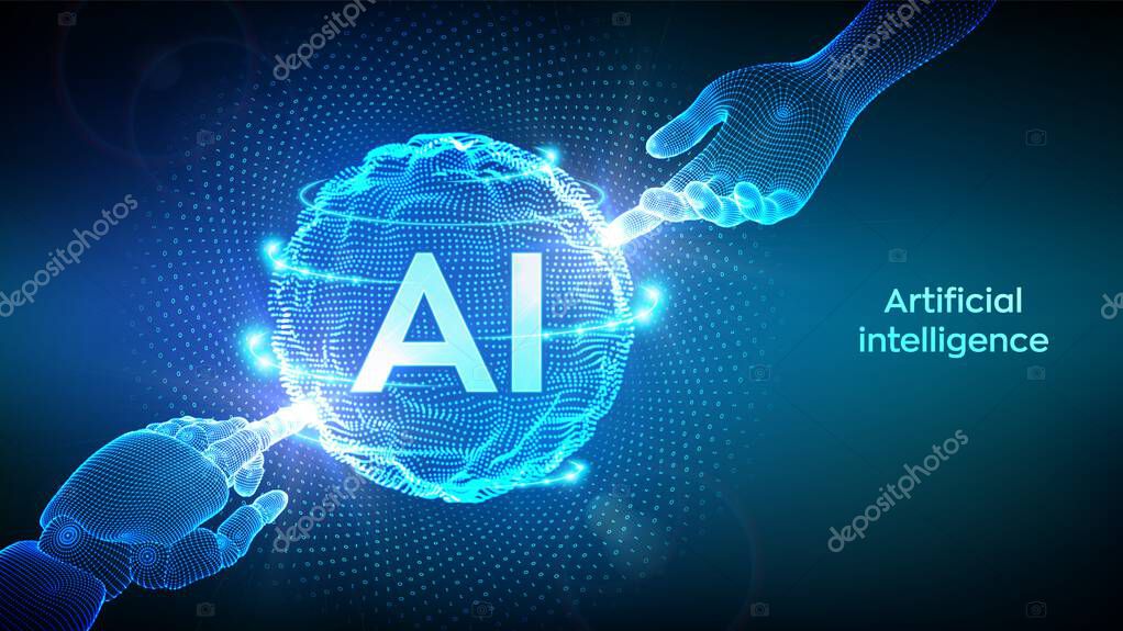 AI. Artificial Intelligence. Hands of Robot and Human touching sphere grid wave with binary code. Artificial Intelligence and Machine Learning technology concept. Neural networks. Vector illustration