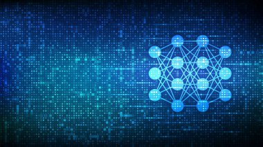 İkili kodla yapılmış sinirsel ağ simgesi. Al. Yapay Zeka. Makine Öğrenme. Derin öğrenme. Büyük veri analiz teknolojisi. 1.0 basamaklı dijital kod arkaplanı. Vektör İllüstrasyonu