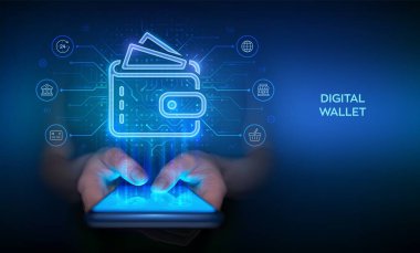 Dijital cüzdan. E-cüzdan. İşadamı dijital cüzdanla online ödeme yapmak için akıllı telefonu kullanıyor. Mobil bankacılık, para transferi, e-ticaret afişi. Devre kartı geçmişi. Vektör İllüstrasyonu