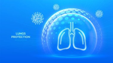 Lungs care. Virus protection. Antiviral protection of the lungs. Human respiratory system anatomy lungs organ icon inside protection sphere shield with hexagon pattern. Virus cell. Vector illustration clipart