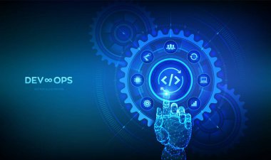 Devops. Çevik gelişim ve optimizasyon kavramı. Yazılım mühendisliği. Yazılım geliştirme metodolojisi uyguluyor. Bağlı dişli dişliler ve simgelerle dijital arayüze elle dokunmak. Vektör