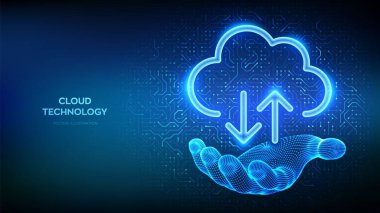 Bulut hesaplama servisi. Telgraf elinde bulut simgesi. Bulut Deposunu emniyete alın. Veritabanı depolama, veri merkezi. İndirme uygulaması yükle. Devre kartı desenli PCB baskı devre dokusu. Vektör illüstrasyonu