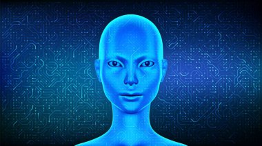 Al. Yapay zeka konsepti. Dişi elektronik yüz. Cyborg kadın başı. Dişi robot. Siber zihnin yüzü. Zeki asistan. Sinirsel ağ. Devre tahta şablonu arkaplan vektörü illüstrasyonu