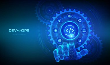 Devops. Çevik gelişim ve optimizasyon kavramı. Yazılım mühendisliği. Yazılım geliştirme metodolojisi uyguluyor. Bağlı dişli dişliler ve simgelerle dijital arayüze elle dokunmak. Vektör