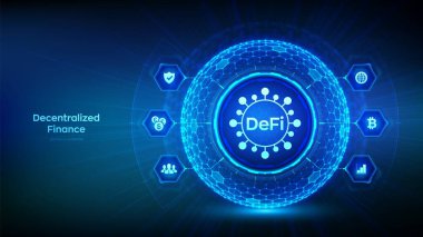 DeFi. Ademi merkeziyet. Engelleme zinciri, merkezi olmayan finansal sistem iş teknolojisi kavramı mavi arka planda. DeFi ikonlu altıgen yüzeyi olan 3 boyutlu küre. Vektör illüstrasyonu