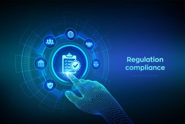 Sanal ekranda Uyum Yönetmeliği finansal kontrol internet teknolojisi kavramı. Reg Teknoloji. Uyum kanunun yönetmelik politikası. Telli el dijital arayüze dokunuyor. Vektör illüstrasyonu