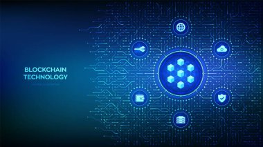 Engelleme teknolojisi. Merkezi olmayan ağ. Fintech kripto para birimi. Siber uzayda bilgi blokları. Devre kartı bağlantıları ve teknik simgeleri olan bir geçmiş. Vektör İllüstrasyonu