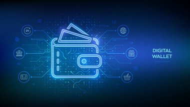 Dijital cüzdan. E-cüzdan. Dijital cüzdanla çevrimiçi ödeme. Çevrimiçi bankacılık hizmeti başvurusu. Mobil bankacılık, para transferi, e-ticaret. Devre şablonu arka planı. Vektör illüstrasyonu