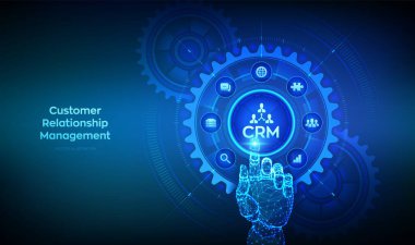 CRM. Müşteri İlişkileri Yönetimi. Müşteri hizmetleri ve ilişki. Atılgan İletişim. Bağlı dişli dişliler ve simgelerle dijital arayüze dokunan tel çerçeveli el. Vektör illüstrasyonu