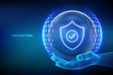 Korunma. Siber güvenlik. Ağ güvenliği. Sağlık hizmetleri. Sigortacılık. Koruma kalkanı, şeffaf küre kalkanının içinde işaret simgesi ve kablo çerçeveli altıgen desenli. Vektör illüstrasyonu