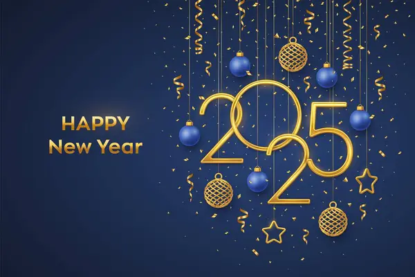 Mutlu 2025 seneleri. 3D parlayan metalik yıldızlar, toplar ve konfetilerle birlikte 2025 numaralı altın metalik asılıydı. Yeni yıl tebrik kartı, afiş şablonu. Gerçekçi Vektör illüstrasyonu