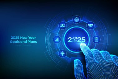 2025 New year Goals and plans. Business plan and strategies. Goal acheiveement and success in 2025. Resolutions, plan, action, checklist concept. Wireframe hand touching digital interface. Vector clipart