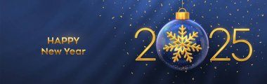 Mutlu yıllar 2025. Altın metal 3D numara 2025, altın parlayan 3D kar tanesi ve bir Noel cam mücevheri. Tebrik kartı. Tatil Noel 'i ve yılbaşı posteri, afiş, broşür. Vektör İllüstrasyonu