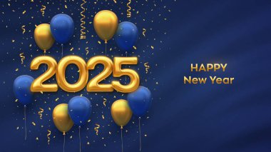 Mutlu yıllar 2025. 3D helyum balonları ve mavi arka planda düşen konfetilerle 2025 numaralı hediyeleri asmak. Yeni yıl, Xmas tebrik kartı, afiş şablonu. Vektör illüstrasyonu