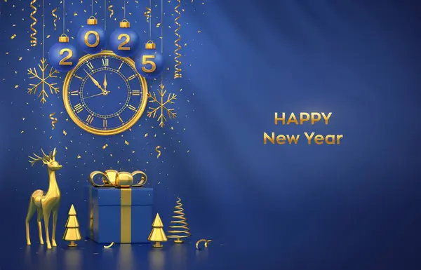 Mutlu yıllar 2025. Mutlu noel kartları. Altın numaralı mavi noel baloları, 2025, kar taneleri. Gece yarısı Roma sayıları geri sayımı ile izleyin. Hediye kutusu, ren geyiği, köknar, ladin ağaçları. Vektör