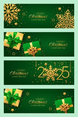 Noel afişi. Mutlu yıllar 2025. Altın fiyonklu hediye kutuları, altın numaralar 2025, altın kar taneleri yıldızları ve simli konfeti. Yeşil başlık arka planı, kart, poster. Vektör illüstrasyonu