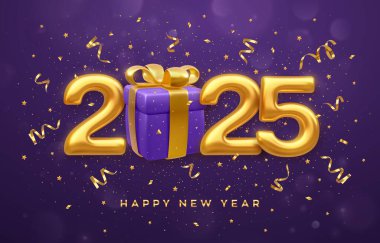 Mutlu 2025 seneleri. Altın metalik lüks numaralar 2025 mavi hediye kutusu ve mor arka planda altın fiyonk. Mutlu Noeller ve mutlu yıllar 2025 tebrik kartı. Vektör illüstrasyonu