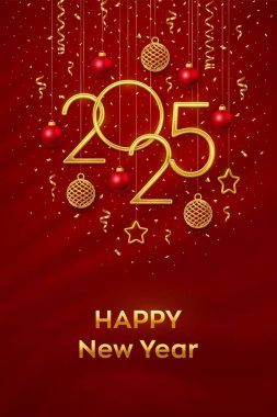 Mutlu 2025 seneleri. Parlayan üç boyutlu metalik yıldızlar, toplar ve kırmızı arka planda konfetilerle birlikte 2025 numaralı altın metalik asılıydı. Yeni yıl tebrik kartı, afiş şablonu. Gerçekçi Vektör illüstrasyonu