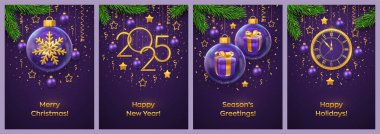 Christmas card set. Happy New Year 2025. Gold numbers 2025, watch and countdown midnight. Gift boxes and snowflake inside a glass balls. Fir branches, stars, balls. Xmas purple background. Vector clipart