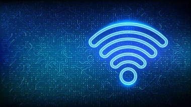 Wi-Fi ağı. Wi-Fi simgesi. Wlan erişimi, kablosuz bağlantı sinyali sembolü. Mobil bağlantı bölgesi. Yönlendirici iletim. Devre çizelgesi. PCB baskılı devre dokusu. Vektör illüstrasyonu