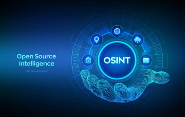 Açık kaynak istihbaratı. Telgraf elinde OSINT simgesi. Veri erişimini aç. Açık kaynak analizi. Siber analitik. Veri toplama. Veri veritabanını aç. Vektör illüstrasyonu