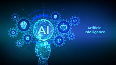 Al. Yapay Zeka. Makine Öğrenme Konsepti. Büyük veri. Sinirsel ağlar. Küre ızgara dalgası. Bağlı dişli dişliler ve simgelerle dijital arayüze dokunan tel çerçeveli el. Vektör illüstrasyonu