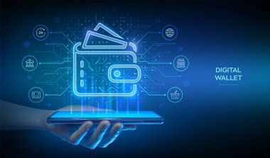 Dijital cüzdan. E-cüzdan. Çevrimiçi ödeme, bir banka uygulamasında akıllı telefon kullanarak dijital bir cüzdan üzerinden yapılır. Mobil bankacılık, para transferi, e-ticaret. Devre kartı geçmişi. Vektör İllüstrasyonu