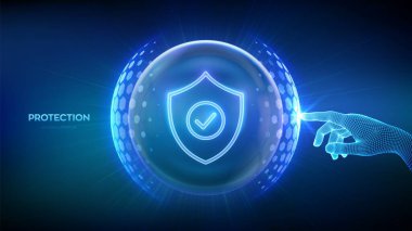 Korunma. Siber güvenlik. Ağ güvenliği. Sağlık hizmetleri. Sigortacılık. Altıgen desenli şeffaf kürenin içinde işaret simgesi olan el koruma kalkanına dokunuyor. Vektör illüstrasyonu