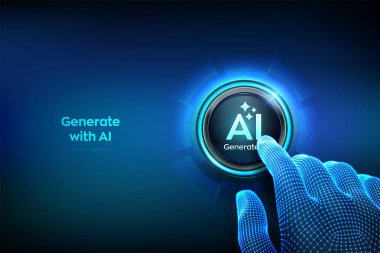 Yapay zeka düğmesiyle oluştur. Yapay zeka ve Makine öğrenme teknolojisi konsepti. Yapay zeka, fikir üretmek için komut yoluyla girer. Yakın plan bir Yapay Zeka Oluştur düğmesine basmak üzere. Vektör