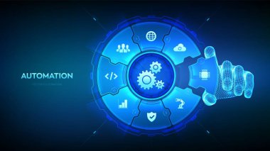 Otomasyon Yazılımı. IOT ve Otomasyon kavramı bir yenilik olarak, teknolojide verimliliği artırır. Tel çerçeveli el, otomasyon işlemlerini görselleştiren bir bileşime bir element yerleştirir. Vektör