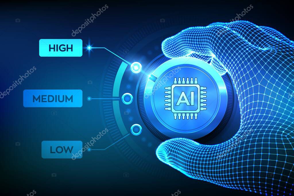AI. Artificial intelligence. Increase the use of artificial intelligence and automation technology. Neural networks. Wireframe hand setting a level knob button on highest position. Vector illustration
