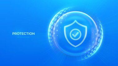 Korunma. Sağlık hizmetleri. Sigortacılık. Siber güvenlik. Ağ güvenliği. Mavi arkaplanda altıgen desenli şeffaf kürenin içinde işaret simgesi olan koruma kalkanı. Vektör illüstrasyonu