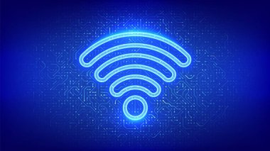 Wi-Fi ağı. Wi-Fi simgesi. Wlan erişimi, kablosuz bağlantı sinyali sembolü. Mobil bağlantı bölgesi. Yönlendirici iletim. Devre çizelgesi. PCB baskılı devre dokusu. Vektör illüstrasyonu
