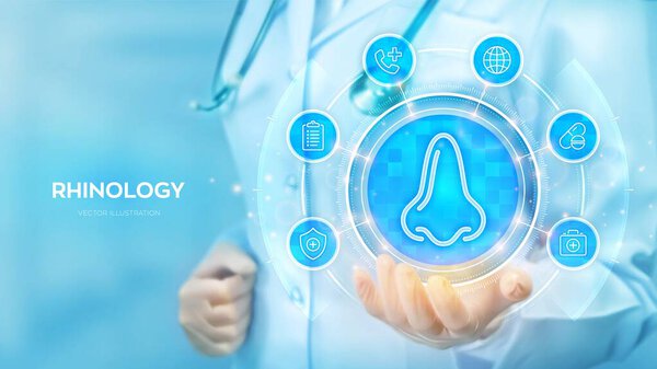 Носорог. Операция по ринопластике. Пластическая хирургия. Процедура для носа. Ринит, носовая инфекция, аллергия. Врач держит в руке иконку носа и медицинские иконки сетевого подключения. Векторная иллюстрация