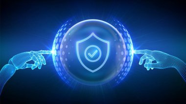 Korunma. Siber güvenlik. Ağ güvenliği. Sigortacılık. Robot ve İnsan Koruma Kalkanı 'nın elleri altıgen desenli şeffaf küre kalkanının içindeki işaret simgesiyle dokunuyor. Vektör