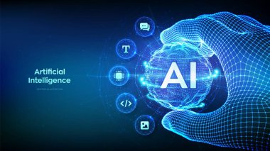 Al. Küre şeklindeki yapay zeka, tel örgülü el dalgası. Sanal yapay zeka teknolojisi. Makine Öğrenme Konsepti. Büyük veri yeniliği teknolojisi. Sinirsel ağlar. Vektör illüstrasyonu