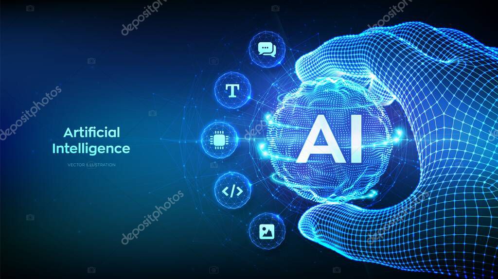 AI. Artificial Intelligence in the shape of sphere grid wave in wireframe hand. AI virtual technology. Machine Learning Concept. Big data innovation technology. Neural networks. Vector illustration