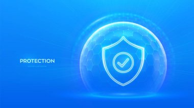 Korunma. Sağlık hizmetleri. Sigortacılık. Siber güvenlik. Ağ güvenliği. Mavi arkaplanda altıgen desenli şeffaf kürenin içinde işaret simgesi olan koruma kalkanı. Vektör illüstrasyonu