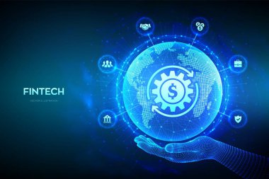 Fintech. Finansal teknoloji. Küresel online bankacılık ve kitle fonlama. İş, bankacılık, ödeme konsepti. Dünya haritası çizgi kompozisyonu. Dünya gezegeni küresi kablo çerçeveli elde. Vektör illüstrasyonu