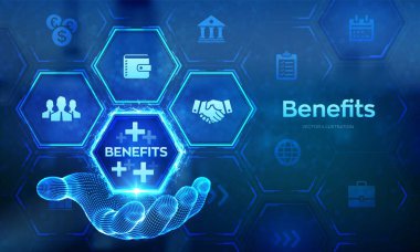 Çalışan yardımları en iyi insan kaynakları konseptini sanal ekrana taşımaya yardımcı olur. Kâr, Yardım, Sağlık Sigortası. Telli resimde kullanılacak simge. Vektör illüstrasyonu