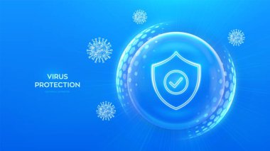 Virüs koruması. Sağlık hizmetleri. Aşılama. Virüs hücresi. Antibiyotik. Mavi arkaplanda altıgen desenli şeffaf kürenin içinde işaret simgesi olan koruma kalkanı. Vektör illüstrasyonu