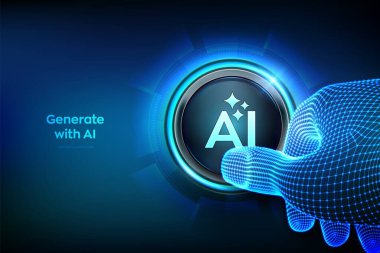 Yapay zeka düğmesiyle oluştur. Yapay zeka ve Makine öğrenme teknolojisi konsepti. Yapay zeka, fikir üretmek için komut yoluyla girer. Yakın plan bir Yapay Zeka Oluştur düğmesine basmak üzere. Vektör