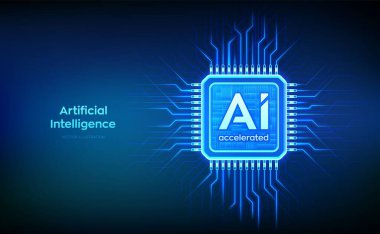 Yapay zeka çipi ve yapay zeka hızlandırılmış. İşlemci mikroçip. Yapay zeka teknolojisi kavramı. Yapay zeka hızlandırılmış işlemci çipi. Yenilikçi makine öğrenme teknolojisi. Vektör illüstrasyonu