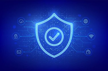 Güvenlik kalkanı. Siber güvenlik. Koruma kalkanı ve işaret simgesi. Siber veri koruması. Bilgi gizlilik fikri. Ağ güvenliği. Devre çizelgesi. PCB baskılı devre dokusu. Vektör