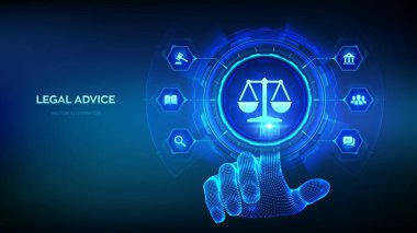 Çalışma hukuku, avukat, hukuk avukatı, sanal ekranda hukuki danışmanlık kavramı. İnternet hukuku ve siber hukuk dijital yasal hizmetler ya da online avukat tavsiyesi olarak. Dijital arayüze elle dokunmak. Vektör. EPS10