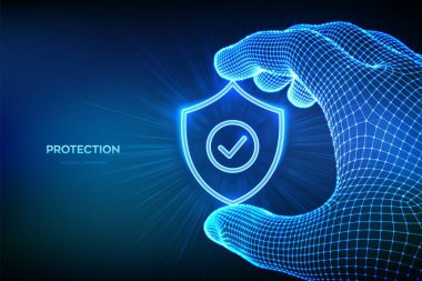 Güvenlik kalkanı. Siber güvenlik. Koruma kalkanı ve kablo çerçeveli işaret simgesi. Siber veri koruması. Bilgi gizlilik fikri. Ağ güvenliği ve dijital savunma. Vektör illüstrasyonu