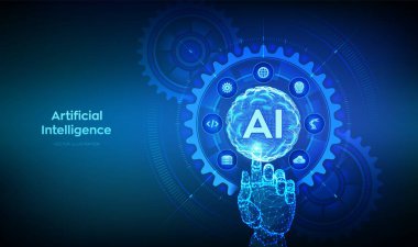 Al. Yapay Zeka. Makine Öğrenme Konsepti. Büyük veri. Sinirsel ağlar. Küre ızgara dalgası. Bağlı dişli dişliler ve simgelerle dijital arayüze dokunan tel çerçeveli el. Vektör illüstrasyonu